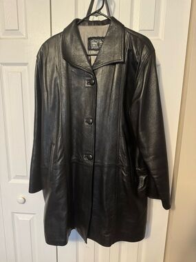 Women’s Black Leather Button-Front Coat